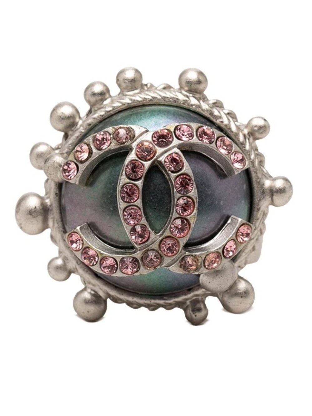 ★SOLD★ Chanel CC Logo Ring 02c Silver Pink Metal Line Stone - Picture 1 of 7